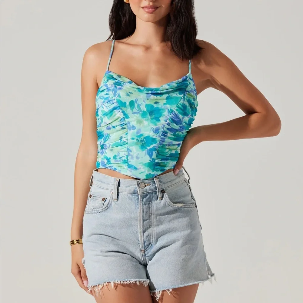 Tippi Cowl Neck Floral Top Blue Teal Floral - Picture 4 of 7